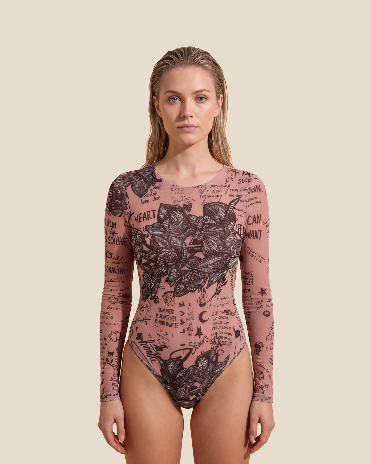 Nude Body-Art One-Piece Swimsuit with Sleeves
