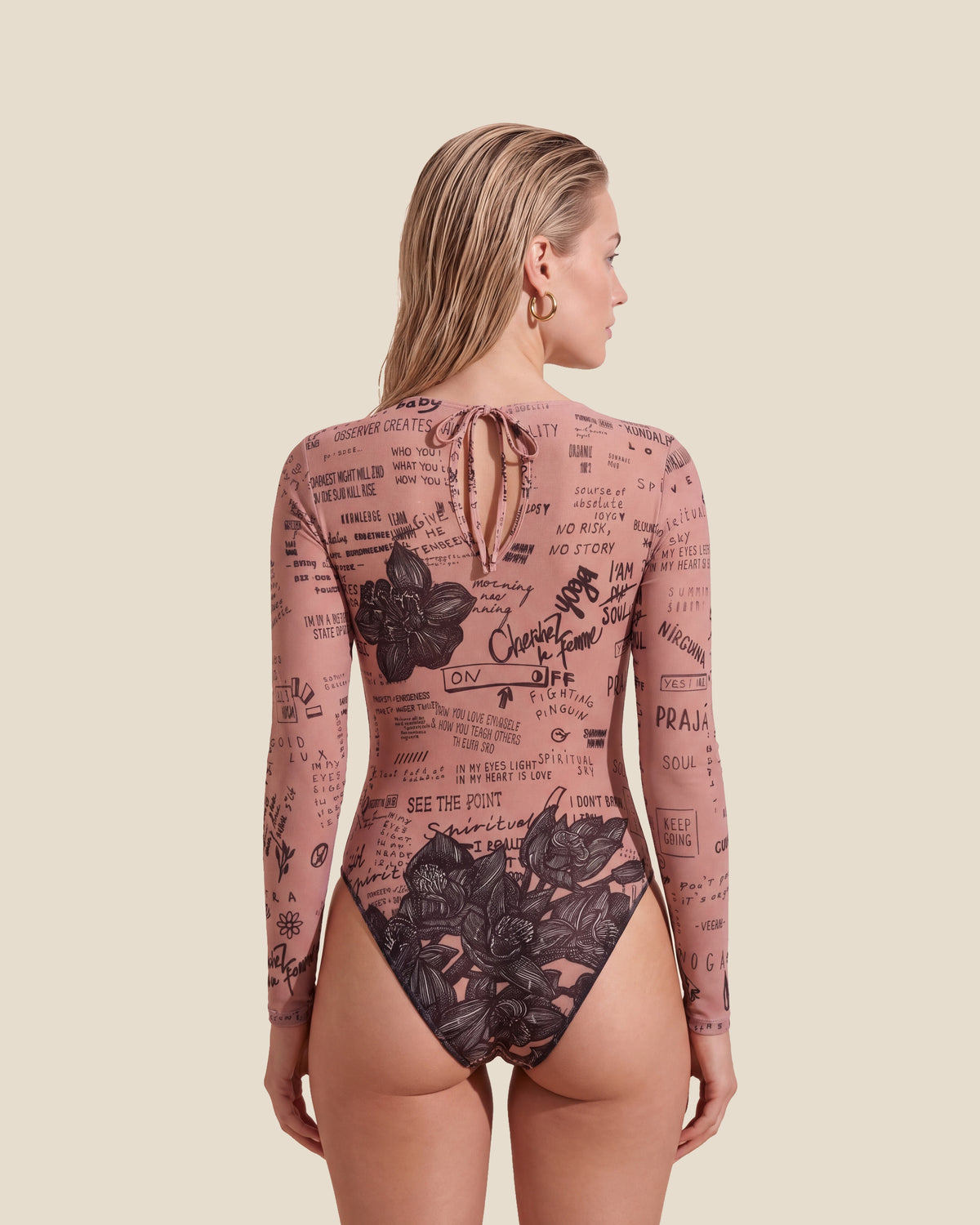 Nude Body-Art One-Piece Swimsuit with Sleeves